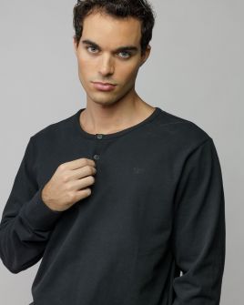 BLACK MEN'S LONG SLEEVE BUTTON T-SHIRT 1D25FW4006LS0104