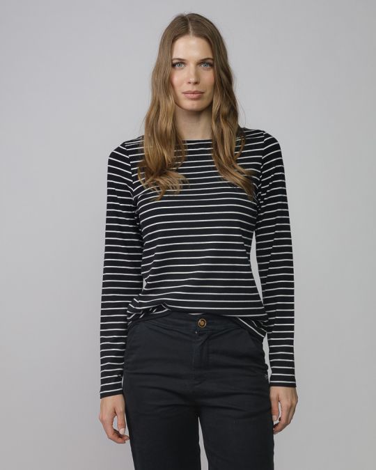 BLACK WOMEN'S STRIPED LONG SLEEVE T-SHIRT 2D25FW4534LS0205