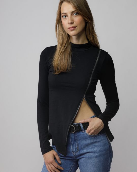 BLACK WOMEN'S ZIP LONG SLEEVE T-SHIRT 2D25FW4540LS0204