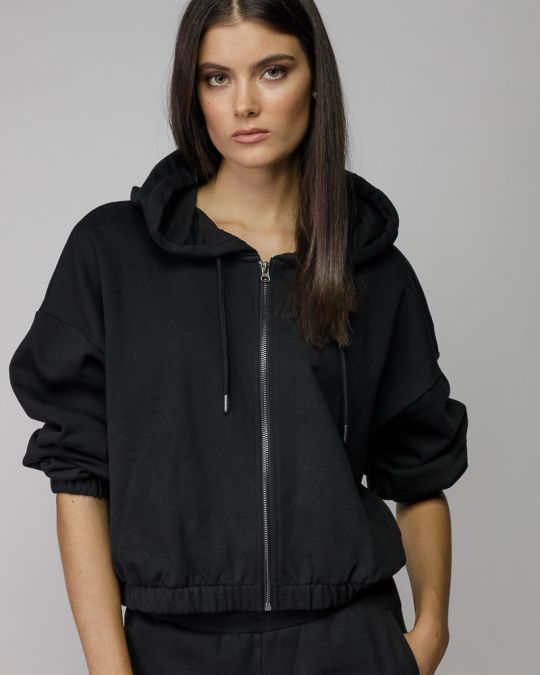 BLACK WOMEN'S HOODED ZIP SWEATER 2D25FW4590KA0705