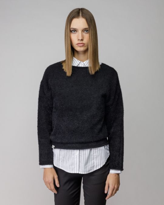 BLACK WOMEN'S FUZZY KNITTED SWEATER 2D25FW6532LS1101