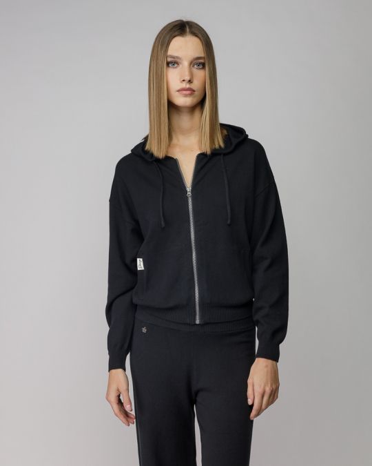BLACK WOMEN'S KNITTED HOODED CARDIGAN 2D25FW6591KA1101