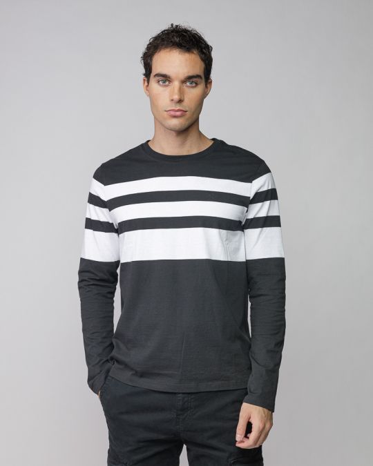BLACK MEN'S LONG SLEEVE STRIPED T-SHIRT 1D25FW4009LS0105