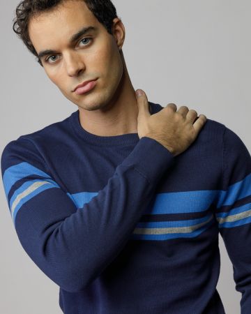 BLUE MEN'S STRIPED KNITTED SWEATER 1D25FW6028LS1101