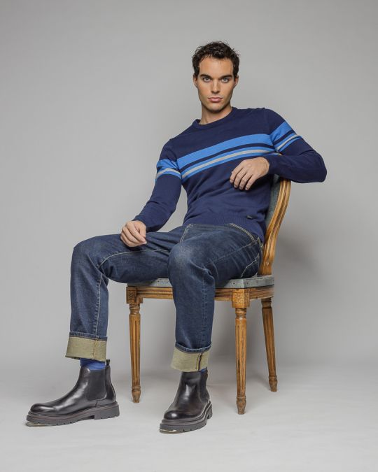 BLUE MEN'S STRIPED KNITTED SWEATER 1D25FW6028LS1101