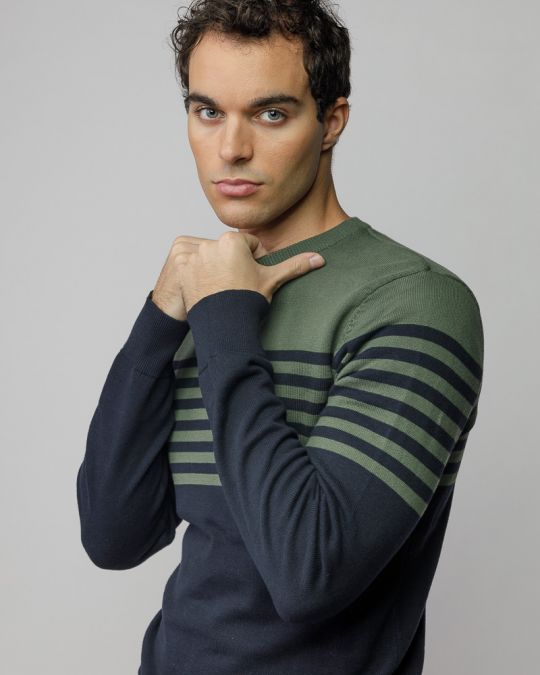 KHAKI MEN'S STRIPED KNITTED SWEATER 1D25FW6028LS1101