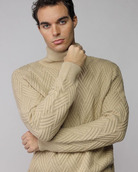 BEIGE MEN'S KNITTED TURTLENECK SWEATER 1D25FW6036LS1101