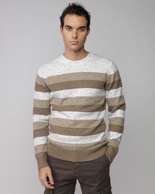 BEIGE MEN'S STRIPED KNITTED SWEATER 1D25FW6034LS1101