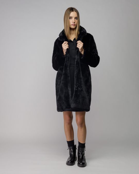 BLACK WOMEN'S LONG FAUX FUR COAT 2D25FW3597KA1200