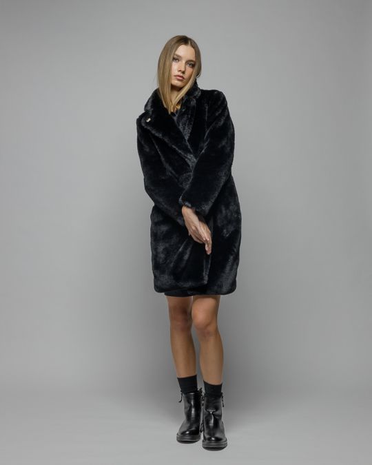 BLACK WOMEN'S LONG FAUX FUR COAT 2D25FW3597KA1200