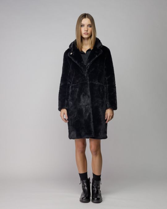 BLACK WOMEN'S LONG FAUX FUR COAT 2D25FW3597KA1200