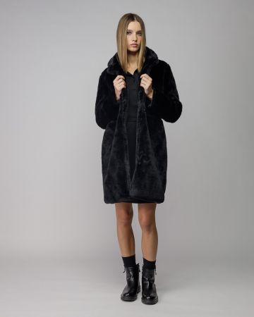 BLACK WOMEN'S LONG FAUX FUR COAT 2D25FW3597KA1200